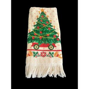 Vintage B&D Christmas Tree Screen Print Holiday Kitchen Tea Towel Fringed